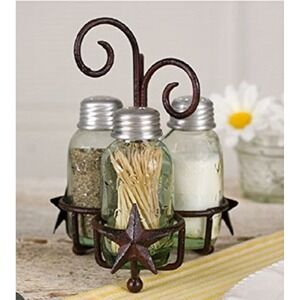 Mason's Patent 1858 Green Glass Jar Salt Pepper Toothpick Shakers Set Carrier